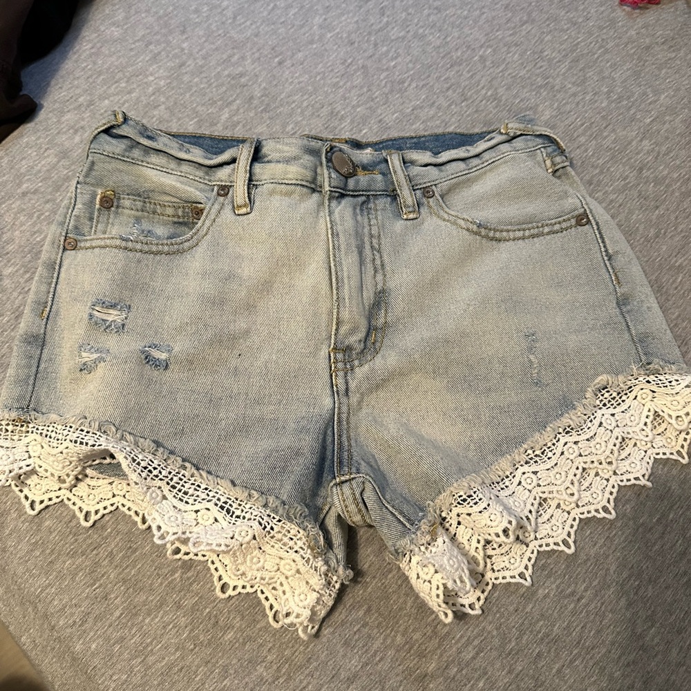 Free People Blue and White Jean Shorts with Lace Trim